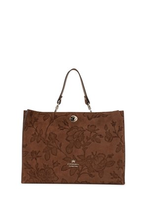 Sac à main en cuir marron avec motif floral embossé, poignée courte unique, fermeture à verrou argentée et petit logo de la marque en métal.