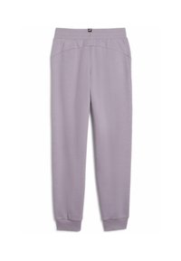 Pantalones jogger de color púrpura claro, confeccionados en un tejido suave, con pierna ajustada, cinturilla elástica y bolsillos laterales con sutiles detalles de costura.