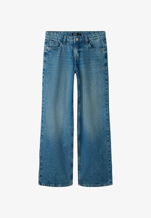 Blå jeans med en lige, vid ben-cut, fem-lomme stil, knap- og lynlåslukning, og subtil falming på lår og knæ.