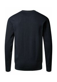 Zwarte trui met lange mouwen, ronde hals, ribgebreide manchetten en zoom, met een gladde textuur en gelijkmatige stiknaden.