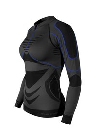 Black long-sleeve athletic top featuring textured accents, blue stitching, a zippered collar, and sporty design lines. Material appears stretchy.