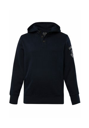 Marineblauwe hoodie van zachte stof, voorzien van een voorzak, een verstelbare trekkoordkap en een knoopsluiting met drie knopen bij de hals.