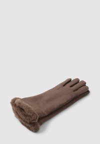 Guanti in suede marrone con un morbido polsino in pelliccia ecologica. Il design presenta cinque aperture per le dita e una superficie liscia in tutto.
