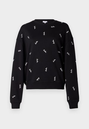 Sweatshirt negru cu o croială lejeră, cu text alb brodat împrăștiat pe țesătură. Manșete și tiv cu dantelă. Textură moale.