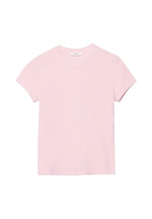Maglietta rosa chiaro a maniche corte con girocollo e orlo dritto, mostrata su sfondo bianco.