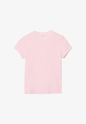 T-shirt rose clair à manches courtes et col rond avec un ourlet droit, présenté sur un fond blanc.