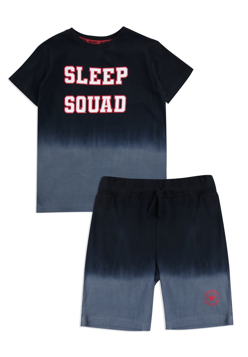 Zestaw koszulki i szortów z granatowym ombre. Koszulka ma na sobie napis "SLEEP SQUAD" w białych, pogrubionych literach; szorty z czerwonym akcentem logo.