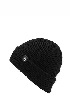 Bonnet en tricot noir avec un rebord replié, fabriqué en tissu texturé. Présente une petite patch logo sur le côté pour l'identification.
