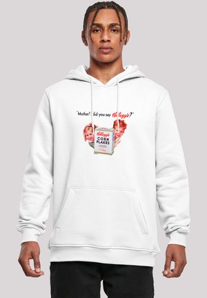 White hoodie with a front pocket, featuring a graphic of children and a Kellogg's Corn Flakes box. Text above reads, "Mother! Did you say Kellogg's?"