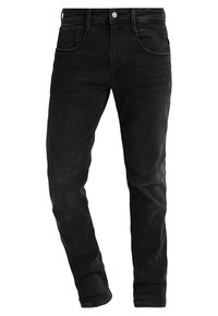 Svarta jeans i denim med rak bendesign, med framfickor, en enkel knappstängning och en subtil blekt textur.