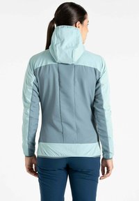 Kapuzenshirt in Hellblau und Grau. Verfügt über ein schlankes Design mit kontrastierenden Einsätzen und einer strukturierten Stoffoberfläche.