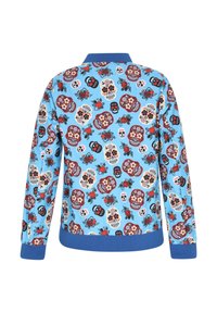 Sininen collegepaita, jossa on värikkäitä pääkalloja ja kukkia kuvioina. Ribbetty kaulus ja hihansuut, pehmeä ja sileä pinta.