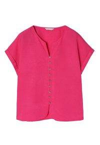 Fuchsia kortærmet bluse med V-hals, der har en knappet front og en buet kant. Lavet af letvægts, tekstureret stof.