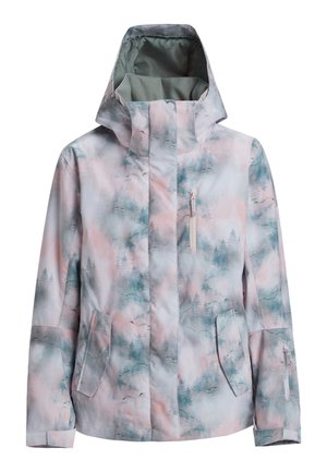 Giacca leggera con un motivo di montagne e foreste nei toni pastello di rosa e verde, dotata di cappuccio, zip frontale e due tasche laterali.