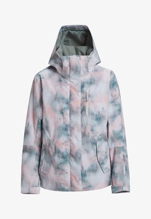 Lekka kurtka z pastelowym nadrukiem gór i lasów w kolorze różowym i zielonym, z kapturem, zamkiem z przodu i dwiema bocznymi kieszeniami.