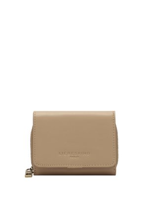 Portefeuille en cuir beige avec rabat avant, logo embossé "Liebeskind Berlin" et fermeture éclair sur le côté.
