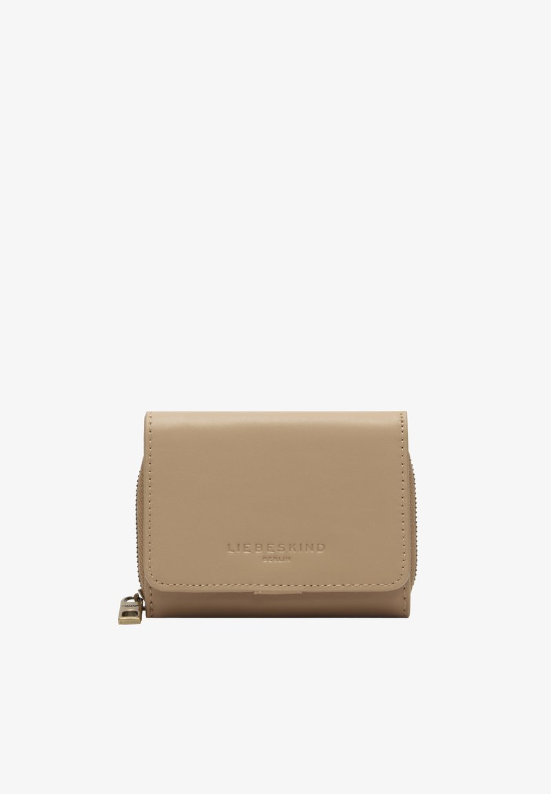 Portefeuille en cuir beige avec rabat avant, logo embossé "Liebeskind Berlin" et fermeture éclair sur le côté.