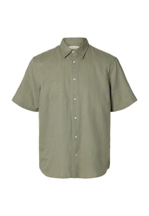 Īsroku krekls ar apkakli un pogām, gaiši olīvu zaļā krāsā, brīvā piegriezumā ar sešām redzamām pogām priekšpusē.