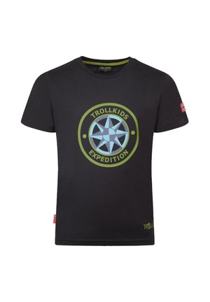 Black short-sleeve T-shirt with green and blue compass logo and "Trollkids Expedition" text, featuring small Norwegian flag patches on sleeves.