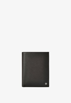 Black textured leather bi-fold wallet with a small silver logo in the bottom right corner on a white background.