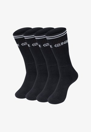 Calzini neri in cotone, con texture a coste, lunghezza alla caviglia, caratterizzati da strisce bianche e dettaglio con logo nella parte superiore; set di quattro paia.