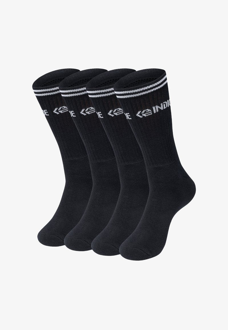 Calzini neri in cotone, con texture a coste, lunghezza alla caviglia, caratterizzati da strisce bianche e dettaglio con logo nella parte superiore; set di quattro paia.