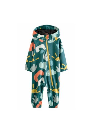 Tuta da pioggia con cappuccio per bambini con zip, sfondo turchese, caratterizzata da forme astratte e motivi di soli sorridenti in giallo, arancione, bianco e azzurro chiaro.