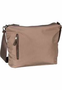 Brown nylon crossbody bag with a flat design, zipper closure, and a front pocket with brown leather accent. Adjustable strap included.