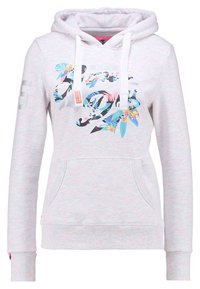 Felpa grigia chiaro con grafica floreale, polsini e orlo a costine. Presenta una tasca a toppa frontale e un cappuccio regolabile con coulisse.