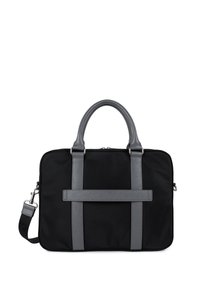 Borsa nera in nylon con dettagli in pelle grigia, manici superiori doppi, tracolla removibile e un dettaglio a strisce orizzontali testurizzate.