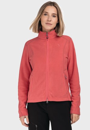Fleecejacke in Koralle mit hohem Kragen, Reißverschluss vorne und zwei seitlichen Taschen. Glatte Textur mit kontrastierenden Reißverschlüssen und Logo-Detail.