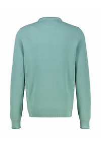 Miętowozielony sweter z fakturowanym wzorem dzianiny, okrągłym dekoltem, długimi rękawami oraz ściągaczami na mankietach i na dole. Widok od tyłu.