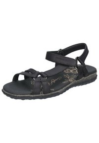 Svarta lädersandaler med justerbara remmar, formad fotbädd och texturerad gummisula, med blommönster på innersulan.
