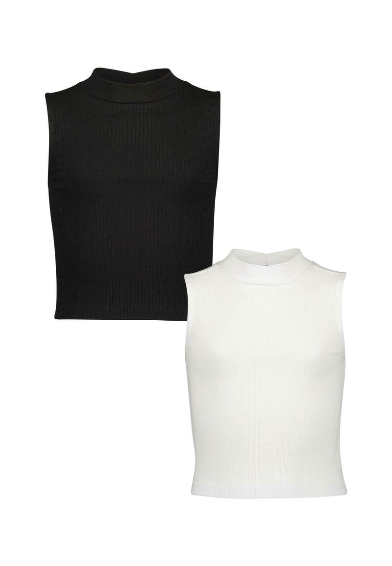 Deux débardeurs à col montant sans manches en tissu côtelé ; un noir, un blanc. Présente un design près du corps avec une texture lisse.