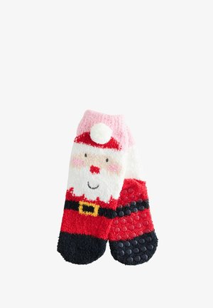 Rote und weiße flauschige Socken mit einem Design von Santa Claus, einem pinken Hut, einem schwarzen Gürtel und strukturierten Sohlen für Grip.