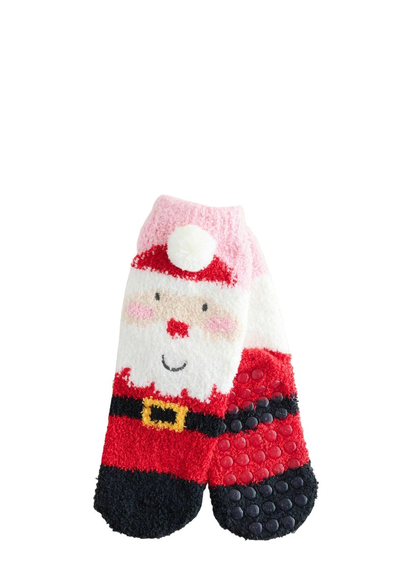 Røde og hvide fuzzy sokker med et design af Julemanden, iført en lyserød hat, sort bælte og strukturerede såler for godt greb.