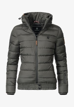 Padded jacket in dark green, featuring a full zip, hood, elastic cuffs, and two side pockets. Textured fabric with horizontal stitching.