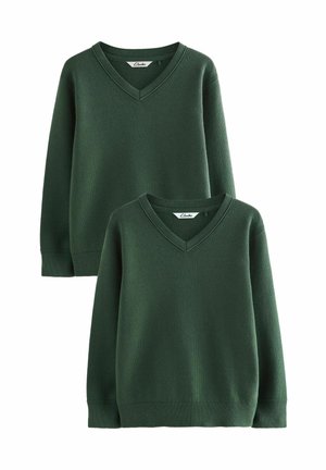 Due maglioni a V verde scuro con polsini e orli a coste. Texture morbida e motivo a maglia uniforme. Etichette visibili sui colli.