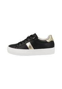 Sneaker in pelle nera con una striscia metallica dorata, dotate di una suola in gomma bianca e dettagli in tessuto per un aspetto testurizzato.