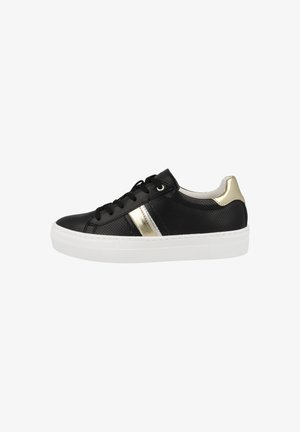 Black leather sneakers with a gold metallic stripe, featuring a white rubber sole and textile accents for a textured appearance.