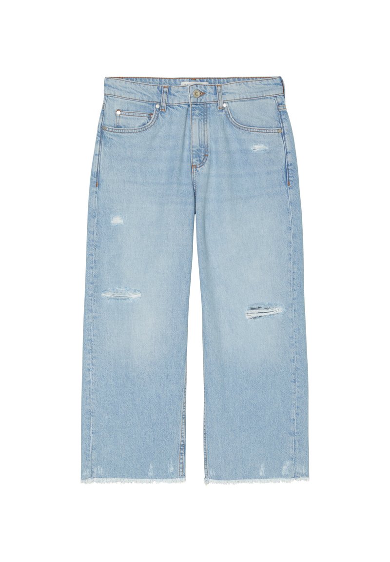 Jasnoniebieskie dżinsy w stylu wide-leg z przetarciami, postrzępionym dołem i klasycznym pięciopocketowym wzorem. Wykonane z denimu, w stylu casual.