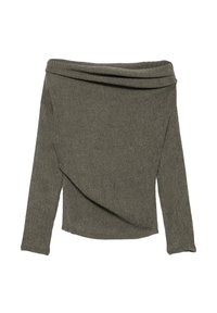 Dugi top bez ramena s dugim rukavima u maslinasto zelenoj boji, od teksturiranog pletenog materijala s drapiranim prednjim dijelom i uskim rukavima, stvara opuštenu siluetu.
