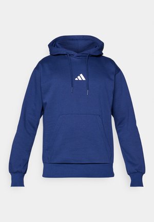 Sudadera azul marino hecha de tela suave, con un bolsillo frontal, capucha con cordón y logo blanco en el pecho. Puños y dobladillo acanalados.