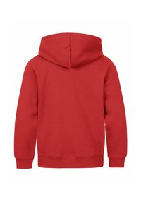Red hoodie with a spacious hood, long sleeves, and a ribbed hem and cuffs. Made from soft, textured fabric, featuring a smooth back.