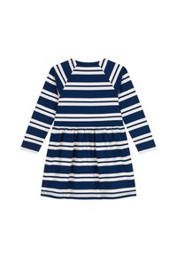 Langärmliges Kleid mit einem navyblauen und weißen horizontalen Streifenmuster, einem runden Ausschnitt und einem ausgestellt geschnittenen Rock. Aus Baumwolle.