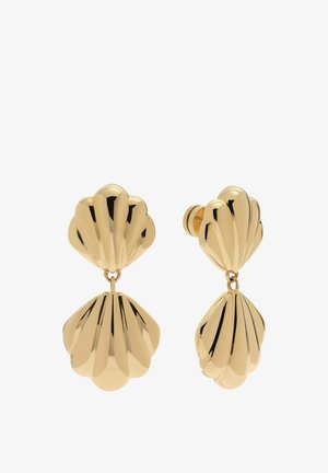 Oorbellen van metaal met goudkleurige toon, met twee verbonden schelpvormen, voorzien van een gepolijste, reflecterende oppervlakte en met stud-achterkant.