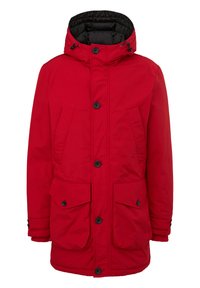 Parka isolato rosso con colletto alto, cappuccio con cordino, chiusura con bottoni, due ampie tasche frontali e polsini a costine. Texture liscia.