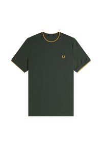Camiseta de algodón verde con mangas cortas, escote redondo, cuello ribeteado amarillo en contraste y acentos en las mangas, con un pequeño logo bordado.