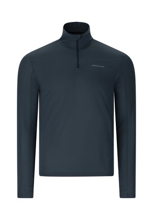 Donkerblauw atletisch shirt met lange mouwen, een kwart rits en het logo "ENDURANCE" op de linkerborst, afgebeeld tegen een eenvoudige witte achtergrond.