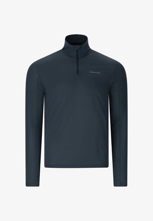 Donkerblauw atletisch shirt met lange mouwen, een kwart rits en het logo "ENDURANCE" op de linkerborst, afgebeeld tegen een eenvoudige witte achtergrond.